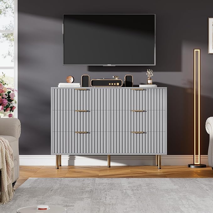 6 Drawer Dresser for Bedroom, Fluted 47.2 in Wide Modern Chest of Drawers with Deep Drawers, Long Large Double Dresser TV Stand, Wooden Dresser Organizer for Living Room, Hallway, Kids Room, Grey