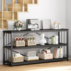 IBF 63" Black Low Horizontal Bookcase, Modern Long Wood Metal 3 Tier Book Shelf, Farmhouse Vintage Big Open Sturdy Bookshelf, Simple Large Wide Etagere for Home Living Room Office Bedroom, Black Oak