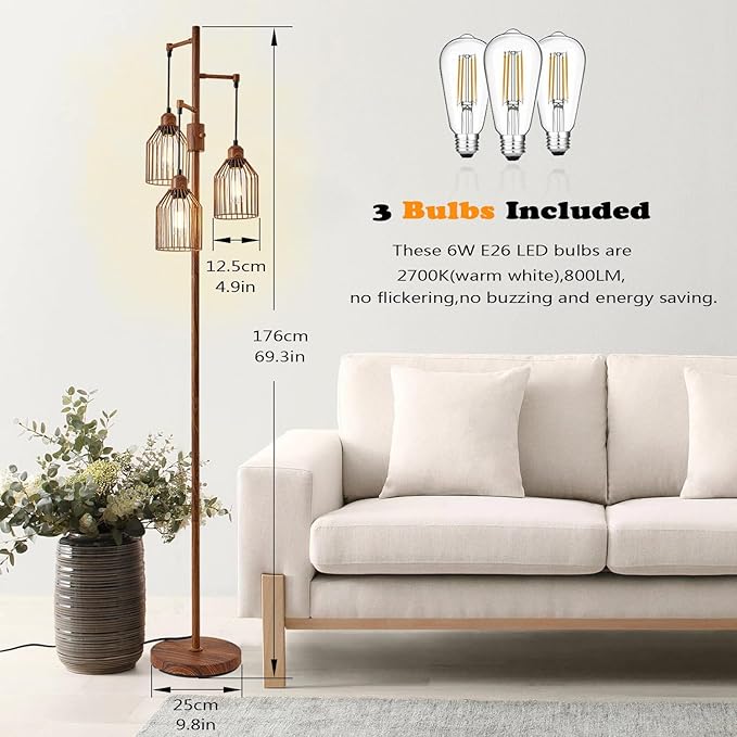Dimmable Floor Lamp for Living Room, Farmhouse Floor Lamps with Elegant Hanging Cage, 3 x LED Edison Bulbs Included, 68.5" Industrial Standing Light for Bedroom Office Home Decor (Wood)