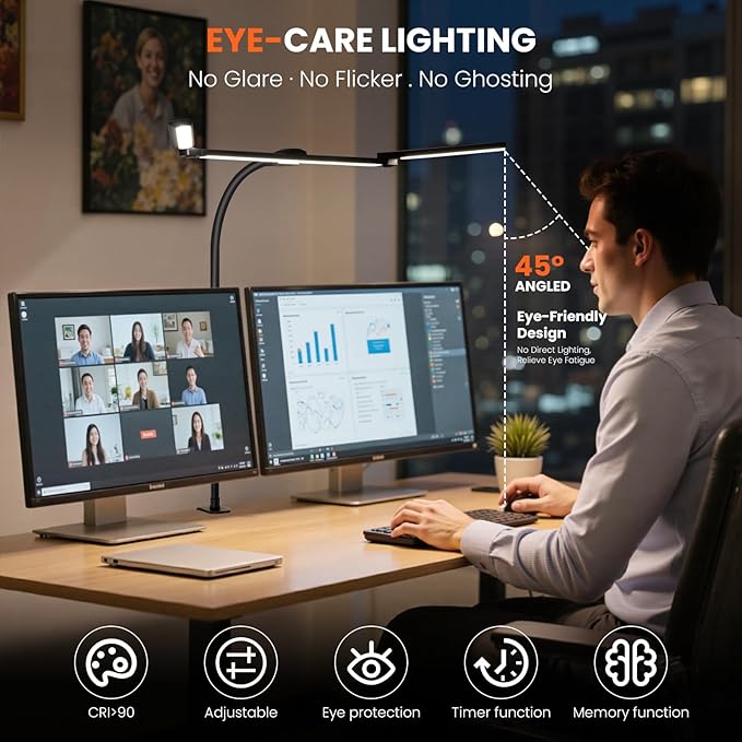 LED Desk Lamp for Office Home, Eye Caring Clip on Desk Light with Clamp, Architect Task Lamp Stepless Dimming, Computer Monitor Table Lamp 3 Head Adjustable Desk Lamp for Reading Study Workbench Black