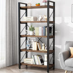 5 Tier Bookshelf Rustic Solid Wood Industrial Style Bookcase,Metal and Real Wood Vintage Bookshelf,Book Shelves Home Office, Retro Brown,Dark Matching credenza(LZ01-05tier) (5Tiers)