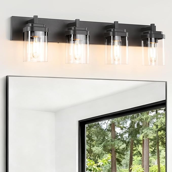 Vanity Light Fixture,4-Light Vanity Light for Bathroom,Matte Black Bathroom Vanity Lighting Over Mirror with Square Clear Glass Shade for Restroom
