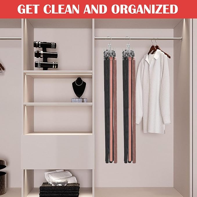 Belt Hanger for Closet, Rotatable Belt Organizer Closet Accessories Rack for Display, Holds up to 27 Items, 9 Large Non-Slip U-Shaped Holder Storage Hooks for Belt, Scarf, Silver