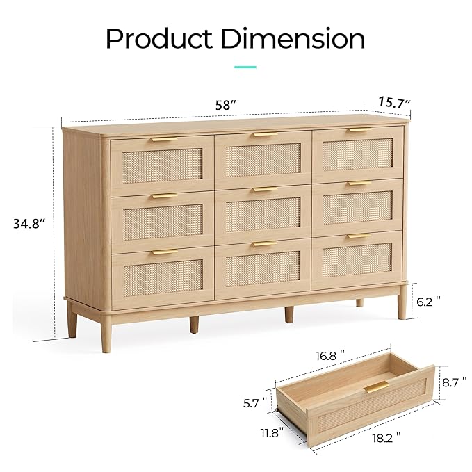 LINSY HOME Rattan Dresser with 9 Deep Drawers, 58" Wide Long Chest of Drawers, Mid Century Modern Tall Dresser, Large Wood Boho Storage Cabinet for Bedroom with Metal Handle and Durable Legs, Oak