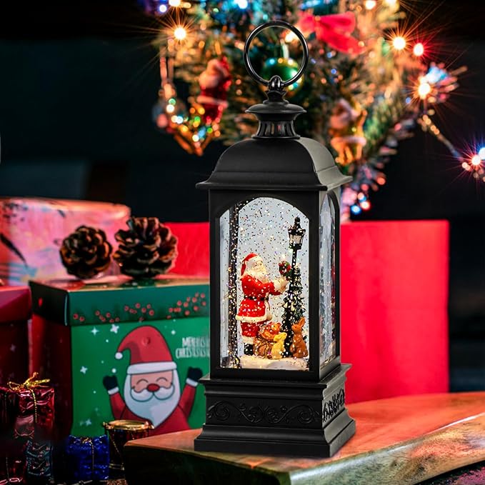 Eldnacele Santa Music Snow Globe Lantern with 6 Hour Timer, Battery Operated & USB Powered Singing Lighted Lamp Swirling Water Glittering Christmas Decoration Holiday Decor Lantern