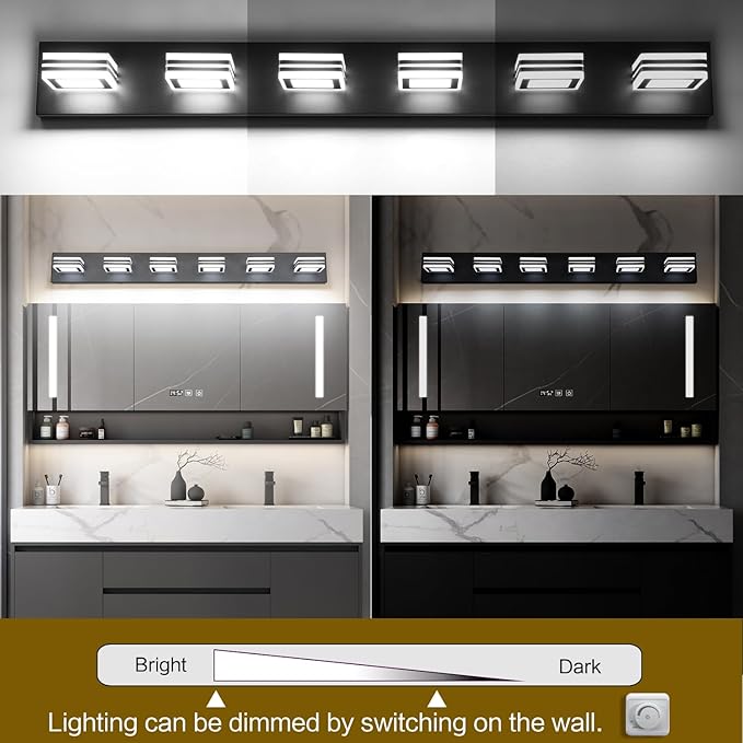 SOLFART Modern LED Dimmable Bathroom Light Fixtures Over Mirror Led Vanity Lights Modern Black LED 6 Light Vanity Light