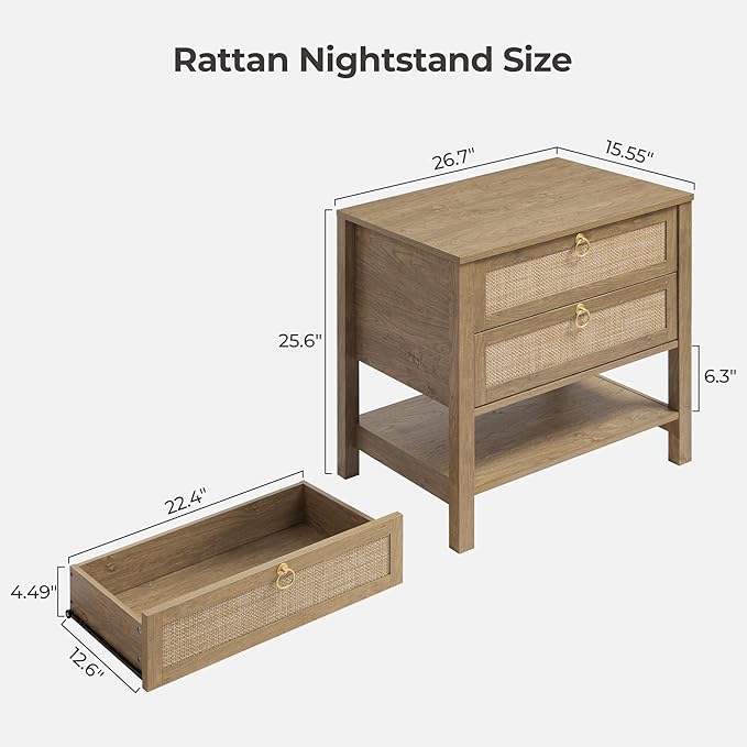 SICOTAS Nightstands Set of 2 for Bedroom, Bedside Tables with Drawer & Open Shelf, Modern Boho Nightstand Set for Master Bedroom
