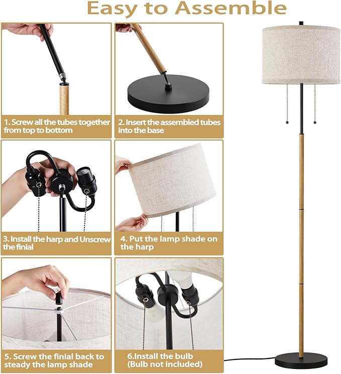 Luvkczc Floor Lamp, 60" Standing Lamp Tall Lamp with Fabric Lampshade&Pull Chain Corner Floor Lamps for Living Room, Bedroom,Office Corner (Wood Grain 2 Bulb Socket)