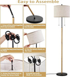 Luvkczc Floor Lamp, 60" Standing Lamp Tall Lamp with Fabric Lampshade&Pull Chain Corner Floor Lamps for Living Room, Bedroom,Office Corner (Wood Grain 2 Bulb Socket)