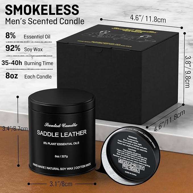 Men's Scented Candle, Saddle Leather - Luxury Masculine Aromatherapy Soy Wax Candle with 8% Essential Oils, Strong Scented Long Lasting 40 Hours, 8oz Tin, Gift Candles for Men