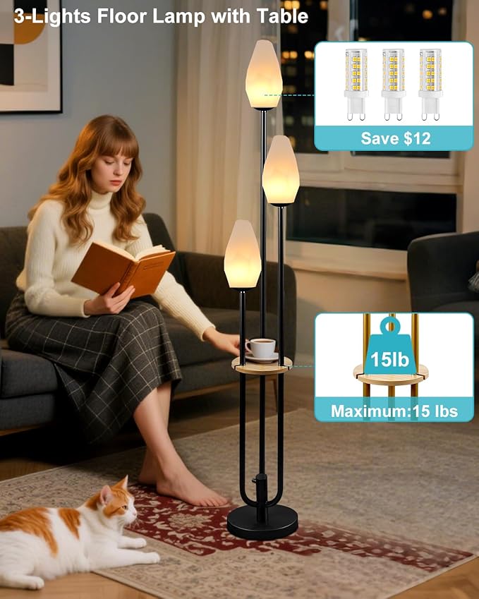 Lightdot Black Dimmable Floor Lamp with Table, 63IN Mid-Century Oval Floor Lamps with Bulbs Included, 3-Lights Candle Holder Style Modern Tall Standing Lamp for Living Room/Sofa Beside/Corner Decor