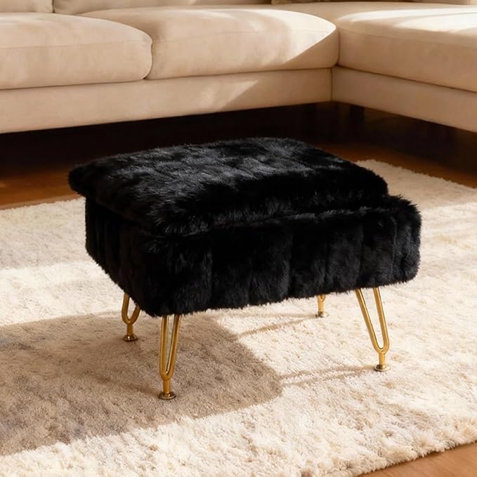 ACEQLYT® Small Foot Stool Ottoman with Storage, Foot Rest for Couch and Chair, Black Faux Fur Storage Ottoman with Gold Metal Legs and Padded Seat