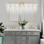 SineRise 7-Light Gold Vanity Light with 3 Color Modes (3000K/4000K/6000K), Eye Protection LED Bathroom Light Fixture, Dimmable Modern Wall Light Over Mirror with Clear Glass Shade