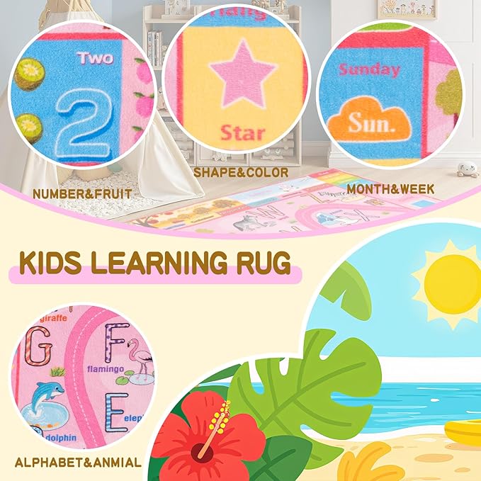 Kids Rugs for Bedroom Kids Room, Educational Rug for Classroom, Non-Slip Washable ABC Learning Carpet for Boys Girls Playroom, Zoo Road Play Mat, 6x9 Pink