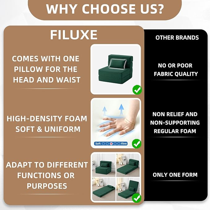 FILUXE Convertible Folding Sofa Bed-Sleeper Chair with Pillow, Modern Linen Fabric Floor & Futon Couch, Foldable Mattress for Living Room/Dorm/Guest Use/Home Office/Apartment, Single Size,Dark Green