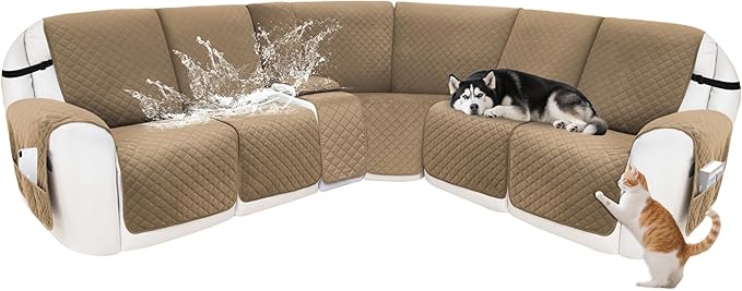 Reclining Sectional Couch Covers 100% Waterproof Velvet L Shape Recliner Couch Covers for Sofa Pets Washable Anti Slip Recliner Slipcovers with Pockets (5 Seat Sofa with 1 Console, Camel)