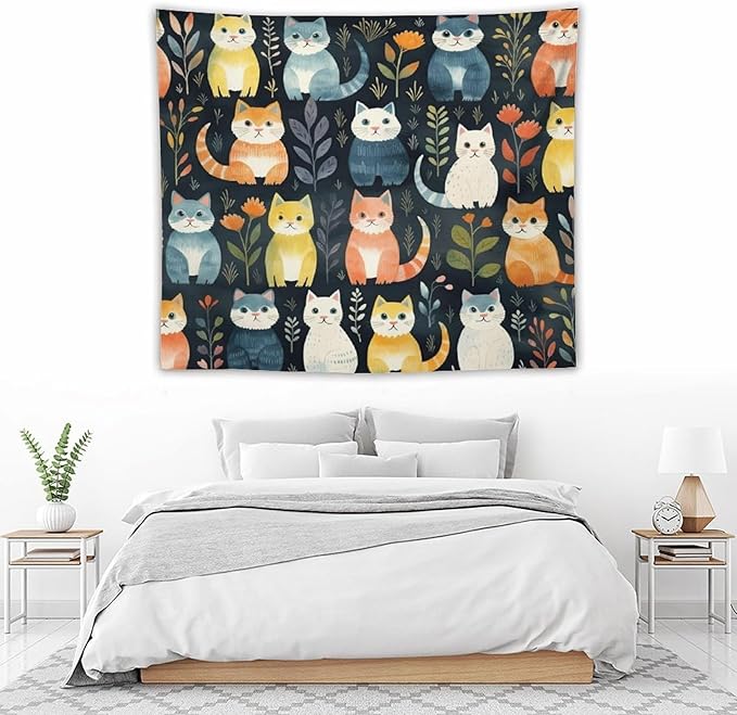 VUMIVI Cartoon Abstract Cat Tapestry Fun Cute Animals Plants Bohemian Modern Art Color Illustration Tapestry Wall Hanging for Living Room Bedroom Dorm Classroom Aesthetic Decor W60xL50in