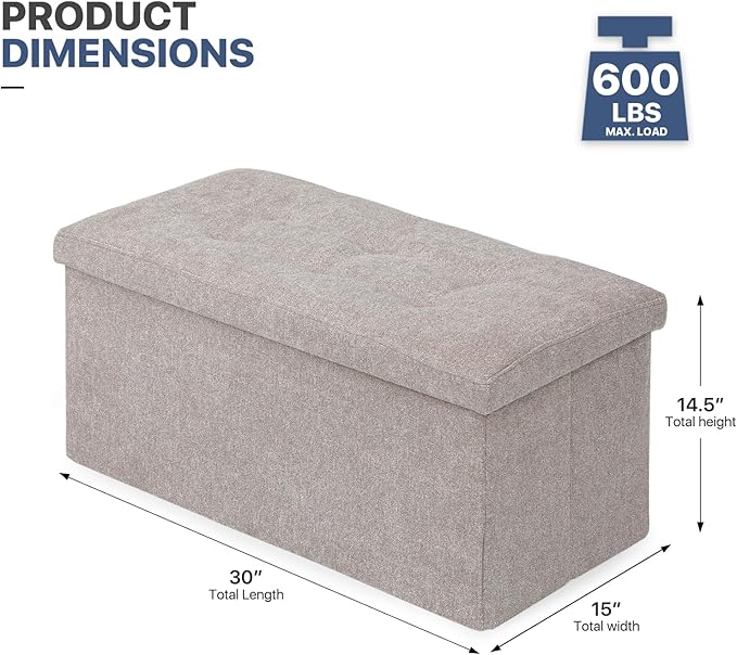 MoNiBloom 30 Inches Storage Ottoman Bench, Rectangle End of Bed Bench, Storage Padded Seat, Linen Fabric Ottoman Footrest for Living Room, Bedroom, Entryway, Sandy Beige