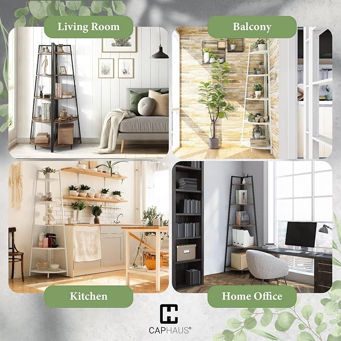 CAPHAUS Tall Corner Shelf Stand, 5-Tier Display Shelves, Ladder Corner Wood Storage Plant Bookshelf with Metal Frame, Versatile Shelving Unit Bookcase for Home Office Space, Rustic Oak