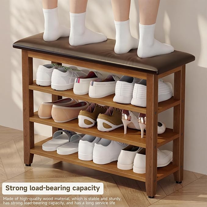 Shoe Bench with Leather Cushion,Wood Bench with Shoe Rack,3-Tier Shoe Storage Organizer for Entryway,Hallway,Living Room (Brown, 3-Tier-31.5")