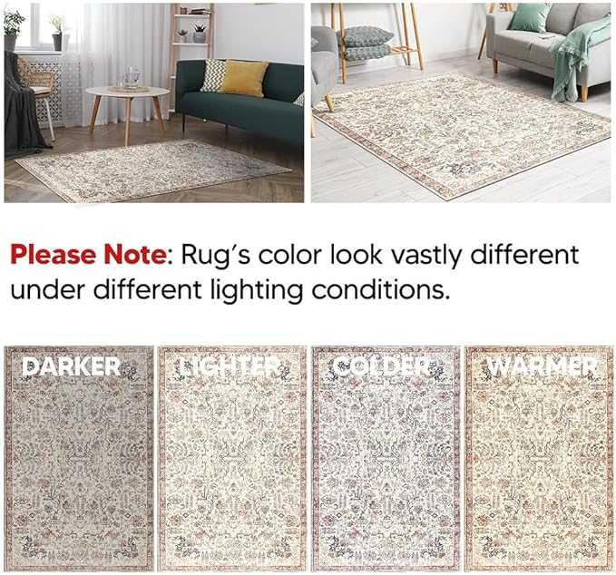 Keen Home Design 4x6 Rug - Machine Washable Area Rug with Non-Slip Backing, Ideal for Living Room, Dining Room, Bedroom - Vintage, Easy Clean, Durable, Low Pile Rug - (4' x 6')