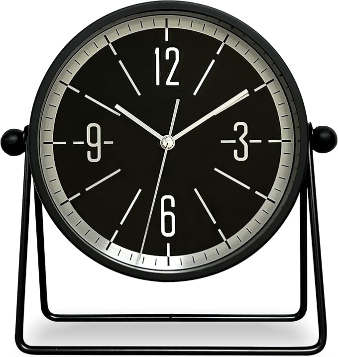 QIYAODECO® Vintage Metal Desk Clock for Bedroom, with Adjustable Angle Ticking Small Battery Operated Mantel Bedside Clock, Decorative Table Old Fashioned Style Black Decor Adult Kid Gift,Silver/Black