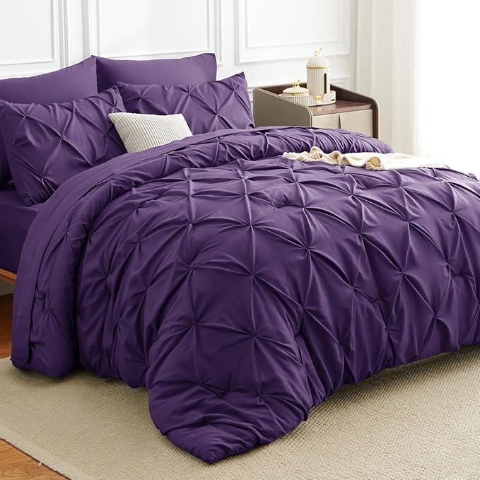 CozyLux Queen Comforter Set Purple, 7 Pieces Pintuck Bed in A Bag, Premium Purple Comforter Queen Size, Pinch Pleat Bedding Sets with Comforter, Sheets, Pillowcases & Shams