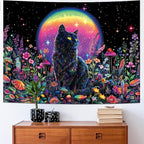 Dermijer Blacklight Black Cat Tapestry UV Reactive Moon Stars Floral Wall Hanging Tapestry Moonlit Garden Home Decor for Bedroom Living Room Dorm 59.1L x 51.2W