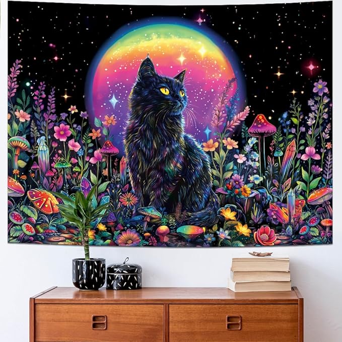 Dermijer Blacklight Black Cat Tapestry UV Reactive Moon Stars Floral Wall Hanging Tapestry Moonlit Garden Home Decor for Bedroom Living Room Dorm 59.1L x 51.2W