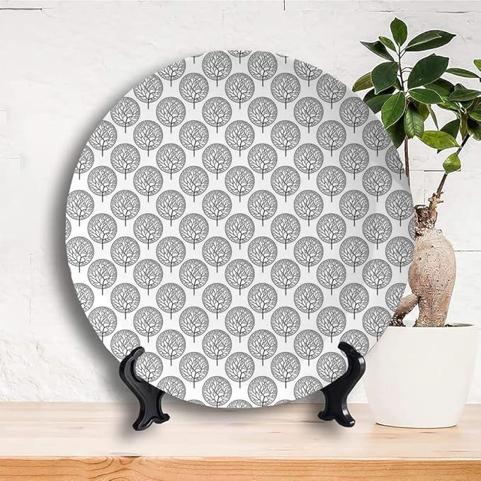 Ceramic Plates, Floral Decorative Ceramic Plates, Tree Pattern with Leaves Inside Circles Monochrome Mother, 7 Inch, for Dining, Parties, Wedding, Grey White