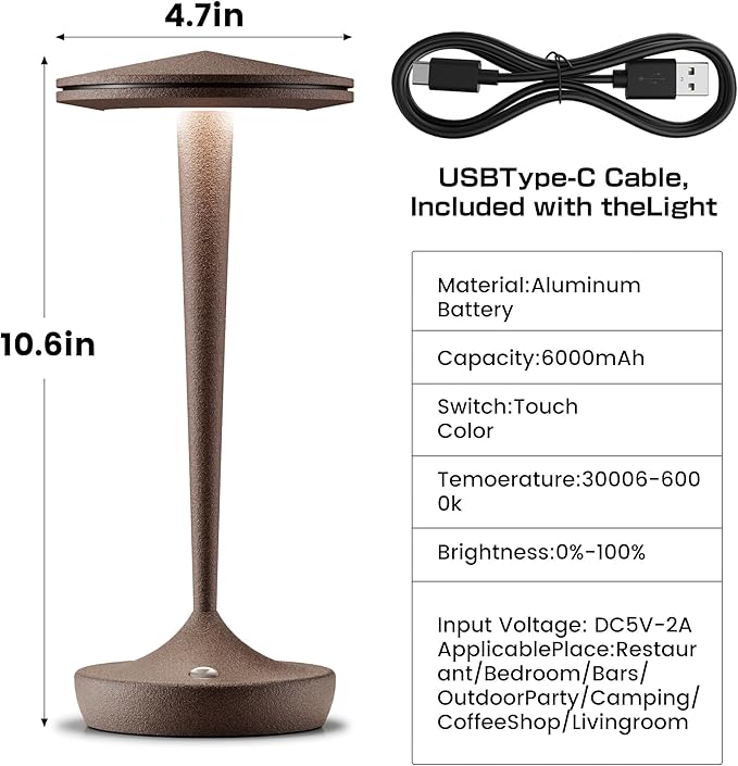 Cordless Table Lamp Rechargeable,Outdoor Table Lamps LED,5000mAh Battery Operated Lamp Stepless Dimming Table Lamps for Restaurant Dining Patio (2PRust)