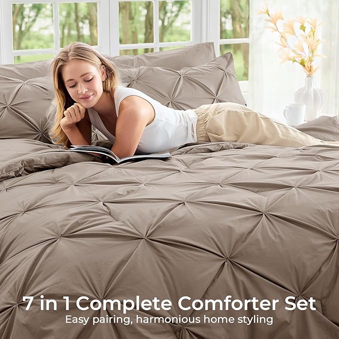 Sasttie California King Comforter Set, 7-Piece Bed in a Bag, Pintuck Bedding Sets for All Season, Includes Comforter, Flat Sheet, Fitted Sheet, Pillowcases and Pillowshams, Dark Linen