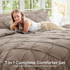 Sasttie King Size Comforter Set, 7-Piece Bed in a Bag, Pintuck Bedding Set for All Season, Includes Comforter, Flat Sheet, Fitted Sheet, Pillowcases and Pillowshams, Dark Linen