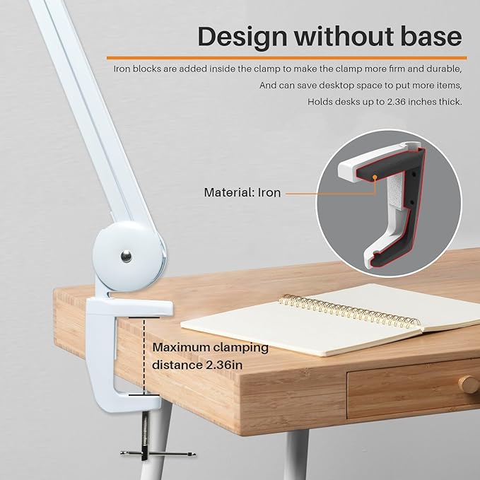 LED Architect Desk Lamp with Clamp, Metal Swing Arm 2000 Lumens Dimming Office Table Lamp for Task Work Drafting Reading Desktop, 117PCS Bright LEDs, 24W Workbench Lamp(White)