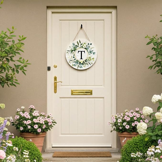Smile Monogram Letter T Wreaths Wooden Welcome Sign, Family Last Name Initial Front Door Wall Decoration, Floral Spring Summer Porch Rustic Home Kitchen Decor