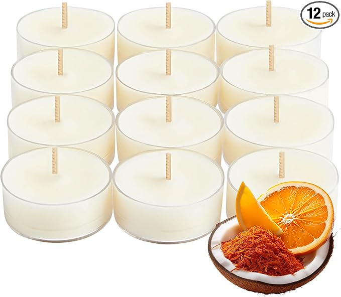 PartyLite Set of 12 Tea Lights Candles, Creamy Coconut Milk with Orange Flower Scent, Aromatherapy Scented Candles Gift Set, Up to 4 to 6 Hours Burn Time