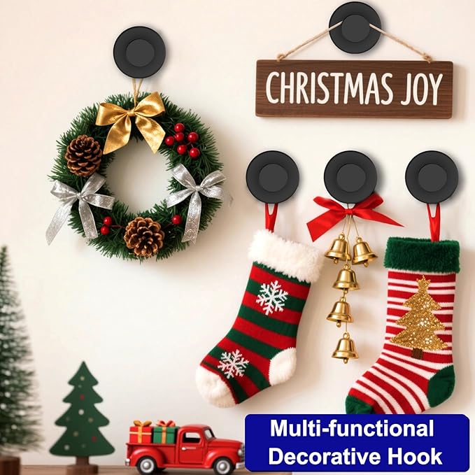 Suction Cup Hooks for Door Wreaths, Vacuum Suction Wreath Hanger for Front Door Window Glass, Bath Robe Looafh Shower Hooks for Inside Shower - 4 Pack, Black