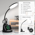 Desk Lamp with Wireless Charger, LED Desk Lamp for Home Office with Pen Holder, Dimmable Eye-Caring Study Desk Light Flexible Arm 3 Color Modes for College Dorm, 800 Lumens CRI 90