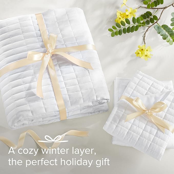 Comfort Spaces White Oversized Queen Quilt Set 102"x118" Bedspread Quilted Summer Lightweight Microfiber Bedding Coverlet with Double Sided Stitching Soft All Season Cozy 3 Piece with Matching Shams