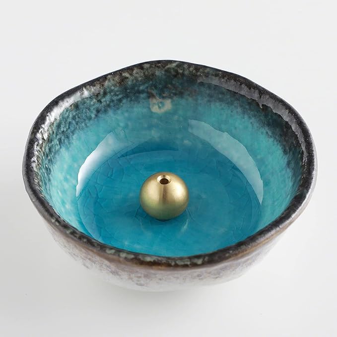 Asayu Japanese Small Mini Incense Holder for Sticks 3.3 inch (83mm), Made in Japan Ceramic Ash Catcher and Brass Incense Burner Set for Yoga, Meditation (Small Mini Nature Ocean Blue Holder)