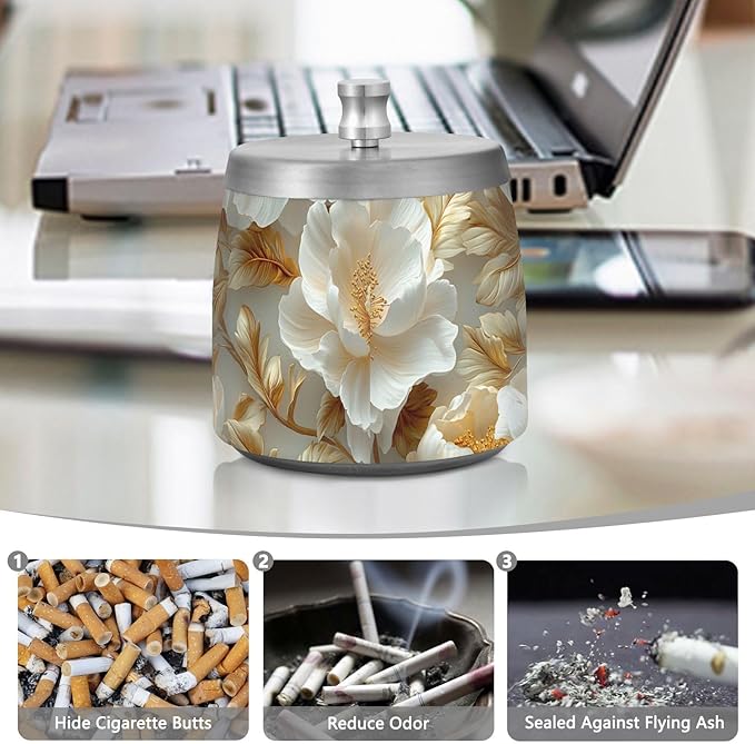 Parametric Floral Pattern Ashtray with Lid, Outdoor Ashtrays for Patio, Stainless Steel Ashtray Odorless Smokeless for Home Office Balcony