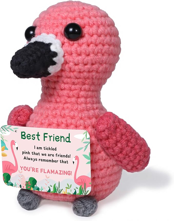 Mini Positive Flamingo Crochet Gifts, Birthday Gifts for Women Men Handmade Presents, Inspirational Small Animals Cute Flamingo, Emotional Cheer Up Funny Decor (Best Friend)