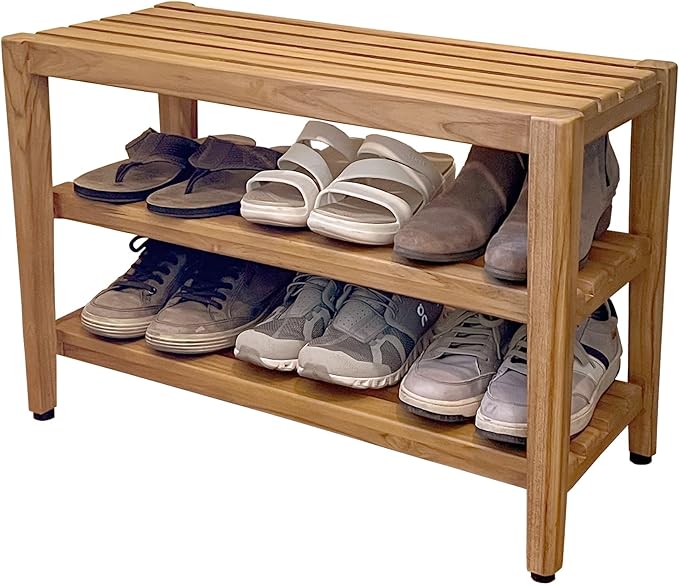 Asta Select Solid Teak 27" Shoe Rack Bench, Teak Entryway Bench, 3-Tier Shoe Storage Organizer, for Entryway, Bedroom, Bathroom and Garden, Fully Assembled, TF-91