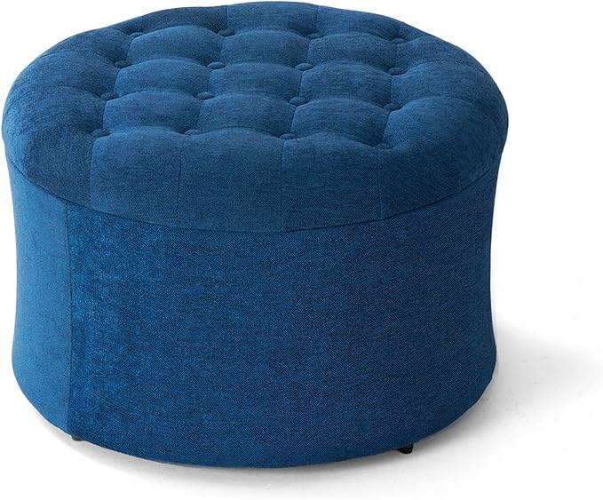 ONBRILL 25" Ottoman with Storage, Round Pouf Ottoman Foot Rest, Small Storage Foot Stool for Couch Bedroom Living Room, Books, Blankets & Kid's Toy Box, Load up to 220 lbs, Blue
