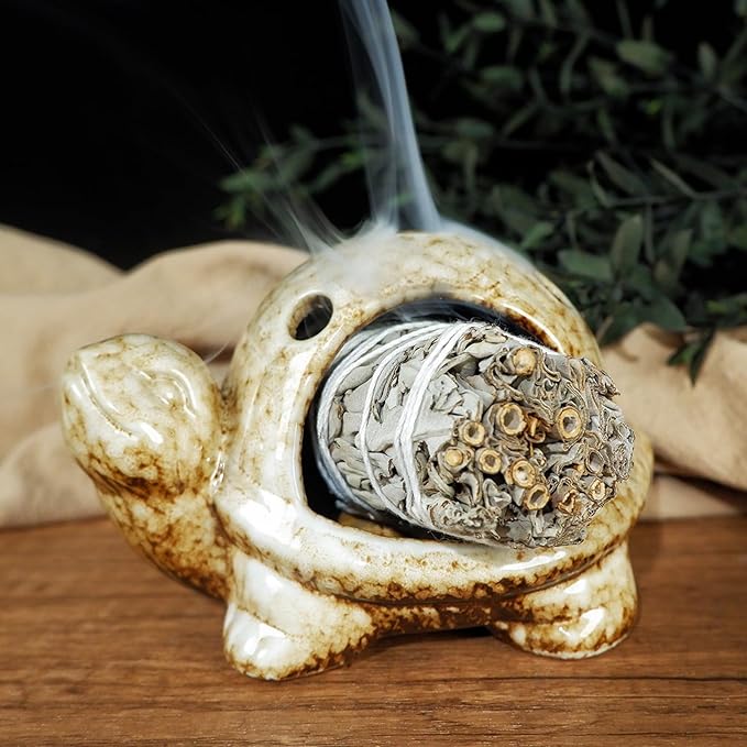 Handcrafted Brown Ceramic Turtle Mini Chiminea Palo Santo Burner Holder ，for Burning Sage、Cone Incense、Copal&Small Candle，Thoughtful Gifts for Meditation, Yoga, Aromatherapy Altar、Zen Spaces