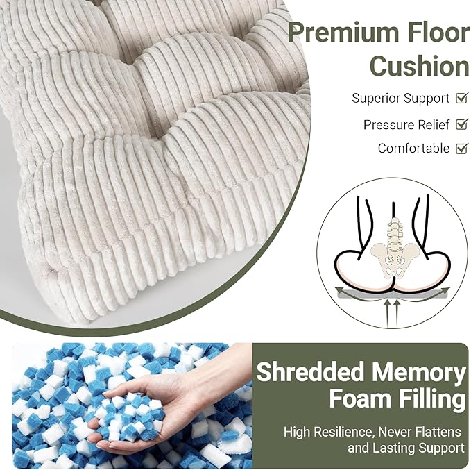 Meditation Floor Pillow Set of 2,Memory Foam Meditation Floor Cushions for Adults Sitting, Large Square Thickened Seat Cushion for Yoga, Tatami Living Room (2, Beige)