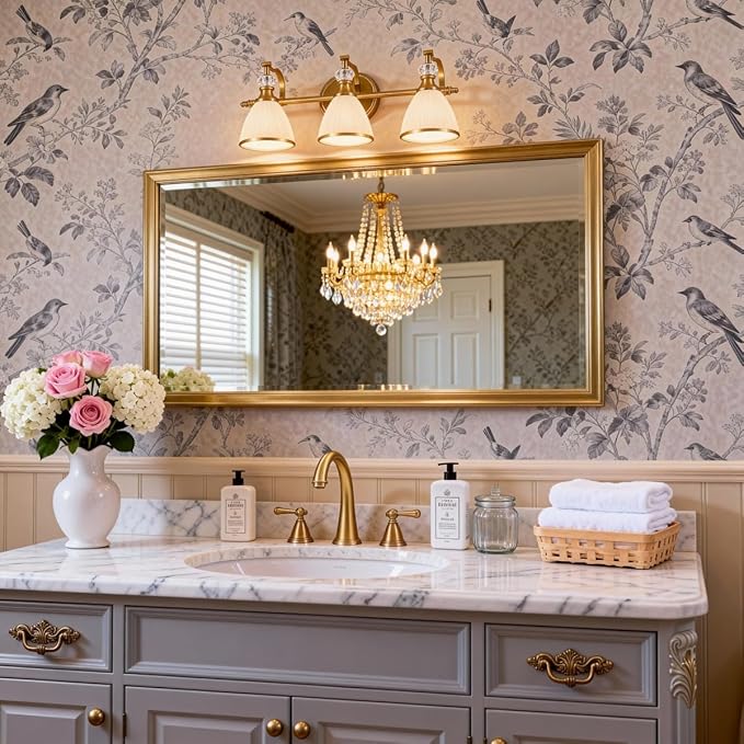 ANDY STAR Bathroom Light Fixture, 3-light Brass Vanity Light, Vintage Bathroom Lights Over Mirror with Crystal Beads, Wall Sconce Lighting with Frosted Milky Glass Shade, E26 Base (Bulbs Not Included)