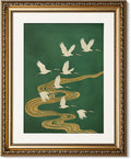 ARPEOTCY Vintage Gold Framed Wall Art Decor, 13x16 Inch Elegant Crane and Golden Stream Canvas Print, Oriental Bird Painting for Living Room Bedroom Office