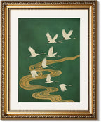 ARPEOTCY Vintage Gold Framed Wall Art Decor, 13x16 Inch Elegant Crane and Golden Stream Canvas Print, Oriental Bird Painting for Living Room Bedroom Office