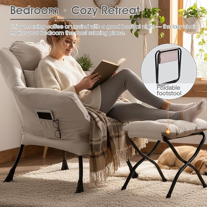 Lazy Chair with Ottoman, Large Lounge Accent Chair with Ottoman and a Throw Pillow, Beige Reading Chair for Living Room Bedroom Dorm Room Office Apartment Relaxing Use